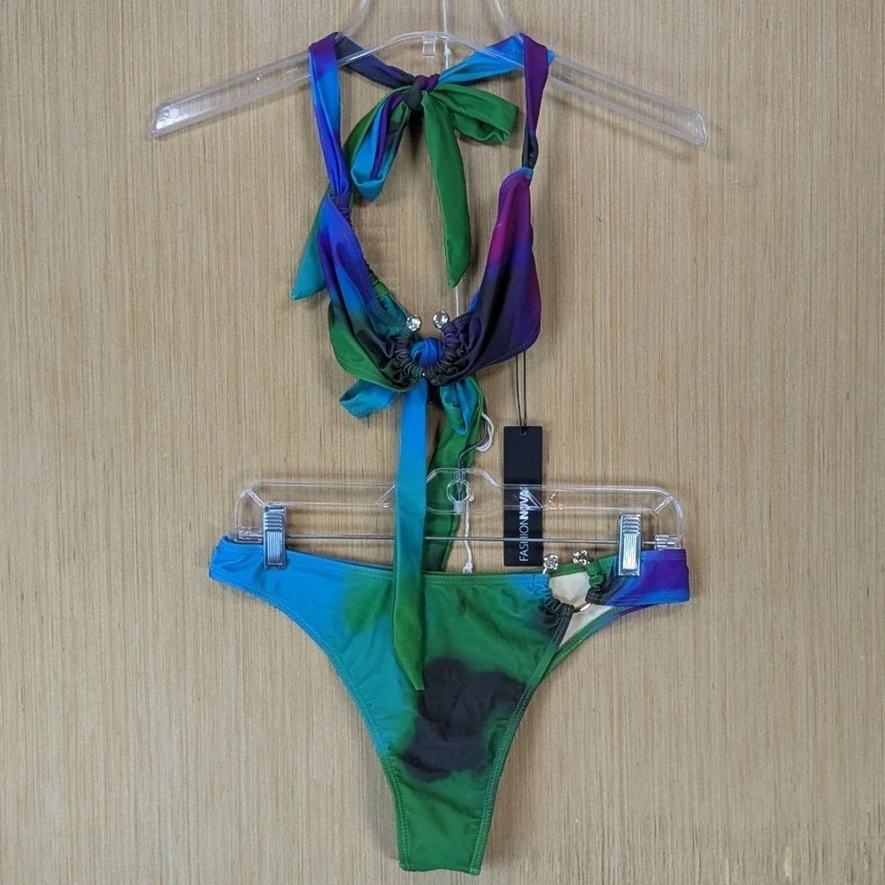 Fashion Nova Swim Watercolor Tie Dye O-Ring Rhinestone Bikini Set Size M NWT